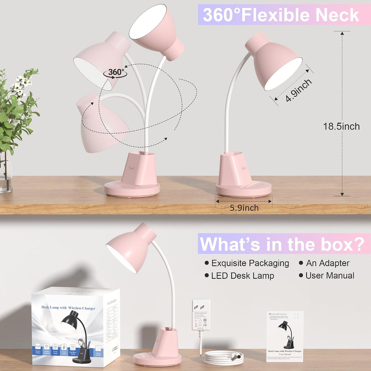 10w wireless charging led desk lamp with pen showing dimensions