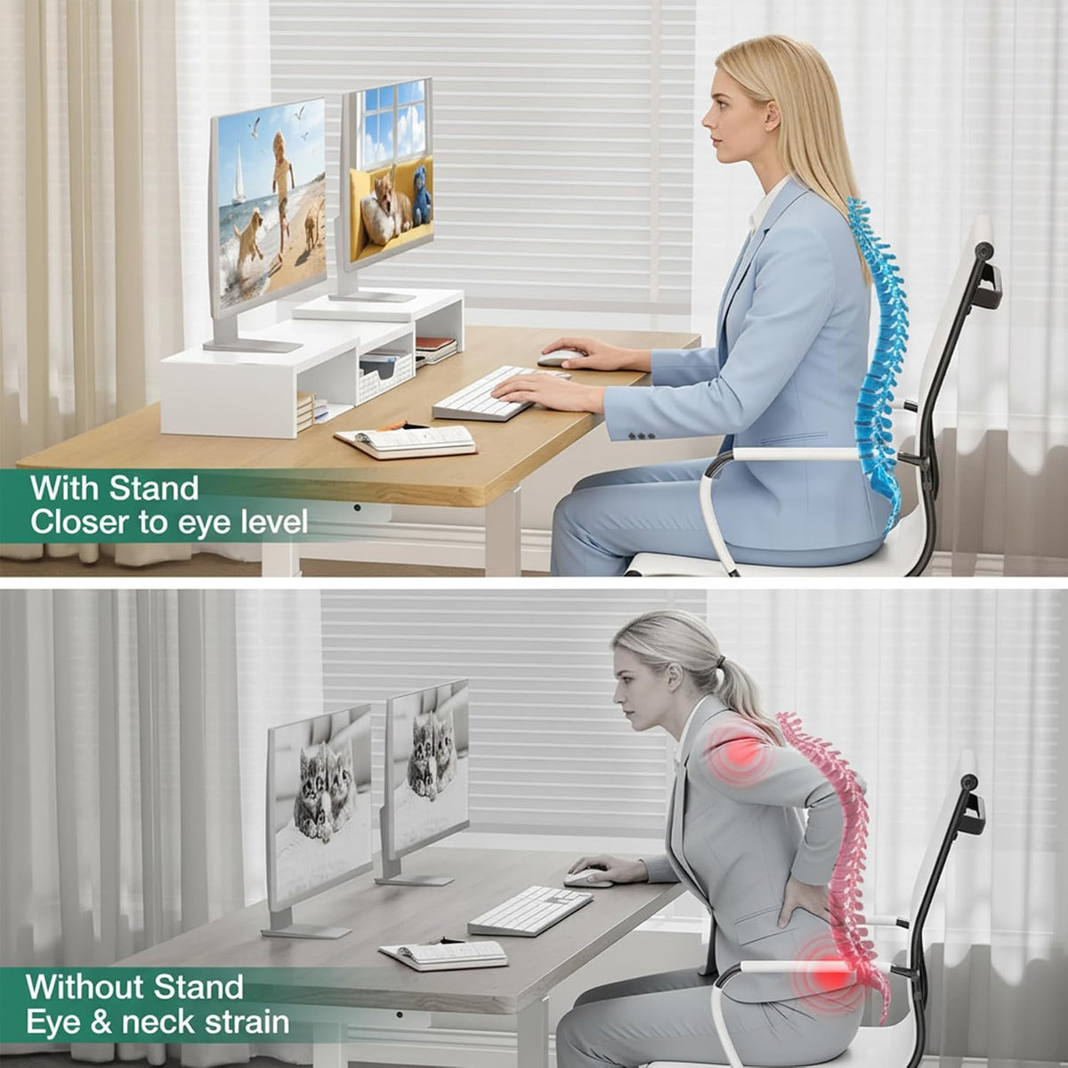 OPNICE Dual Computer Monitor Stand Riser, Desk Organizer with Drawer, Office ...