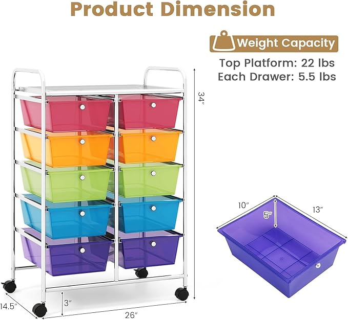 LDAILY 10 Drawer Rolling Cart, Storage Cart Organizer on Wheels, Drawer Cart - Image 3