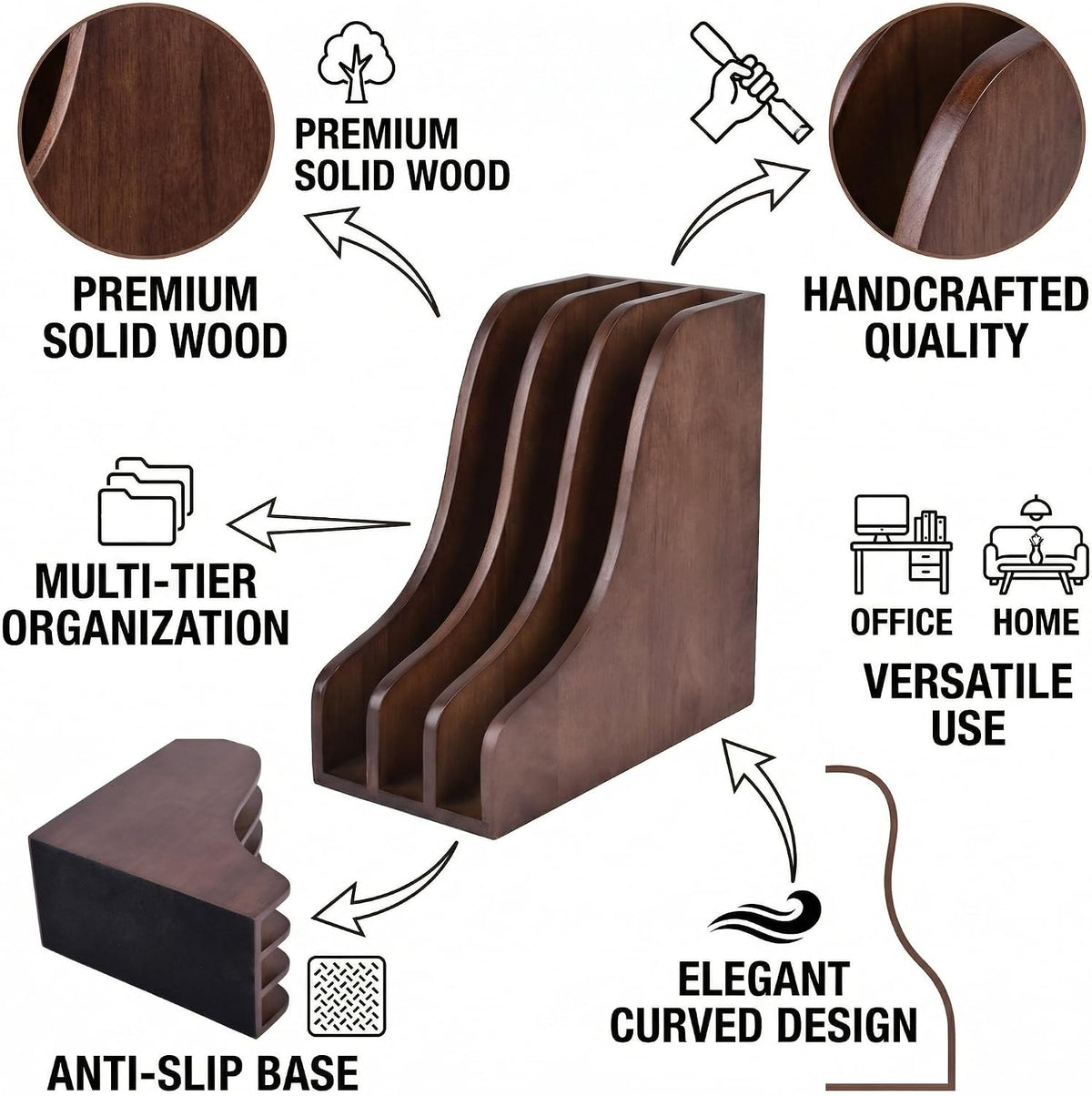 Solid Wood Vertical File Organizer, No Assembly Desk Mail Document Holder