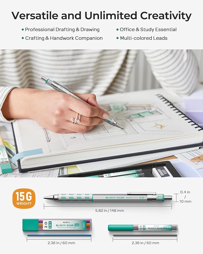 Nicpro Blocky Gear 2.0 mm Mechanical Pencils Set in Case, Metal Pencil - Image 4