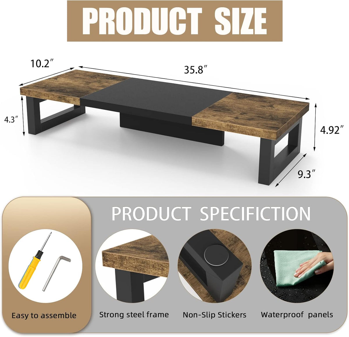 westree dual monitor stand riser, wood and steel, package contents