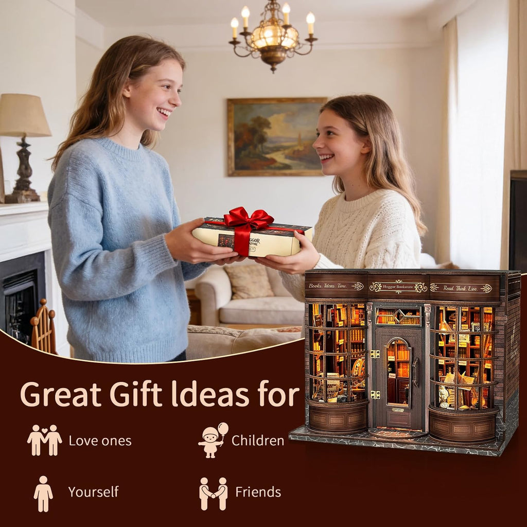 BELEEV Book Nook Kit for Adult and Teens,3D Wooden Puzzle(Hoggor Bookstore) | DIY Miniature Dollhouse Kit with LED Light, Openable Door Booknook Bookshelf Decor Craft, Birthday Gifts for Women Teens