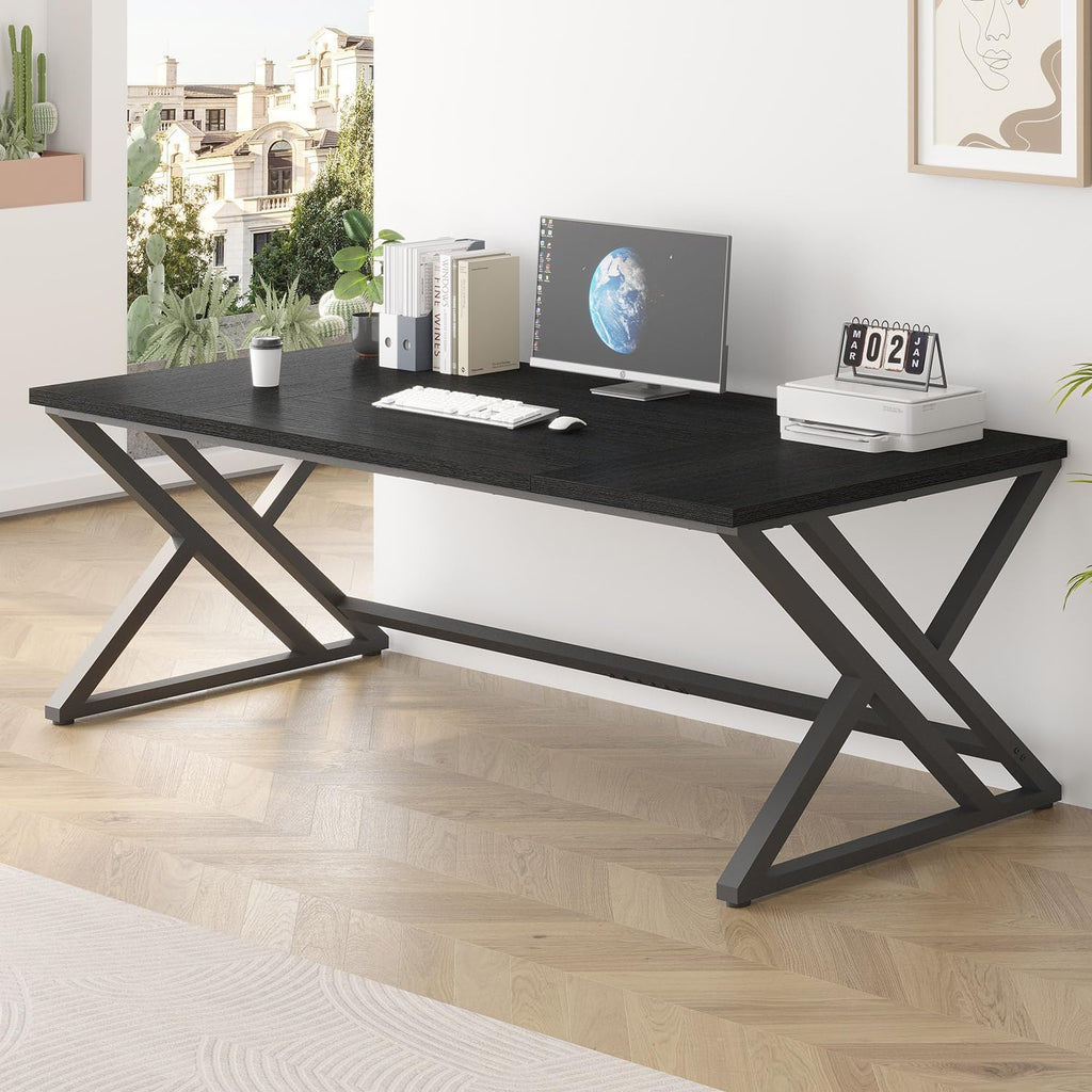 lvb 78.7" black computer desk, large industrial pc, close-up detail