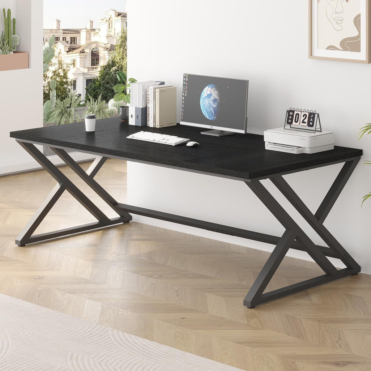 lvb 78.7" black computer desk, large industrial pc, close-up detail