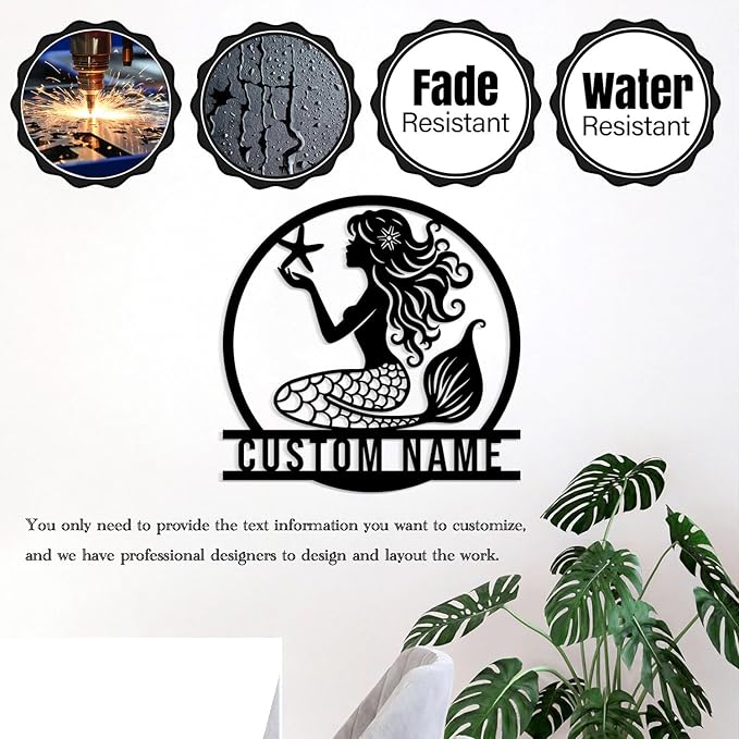 Custom Mermaid Metal Sign, Personalized Mermaid Name metal Signs, Mermaid Wall - Image 8