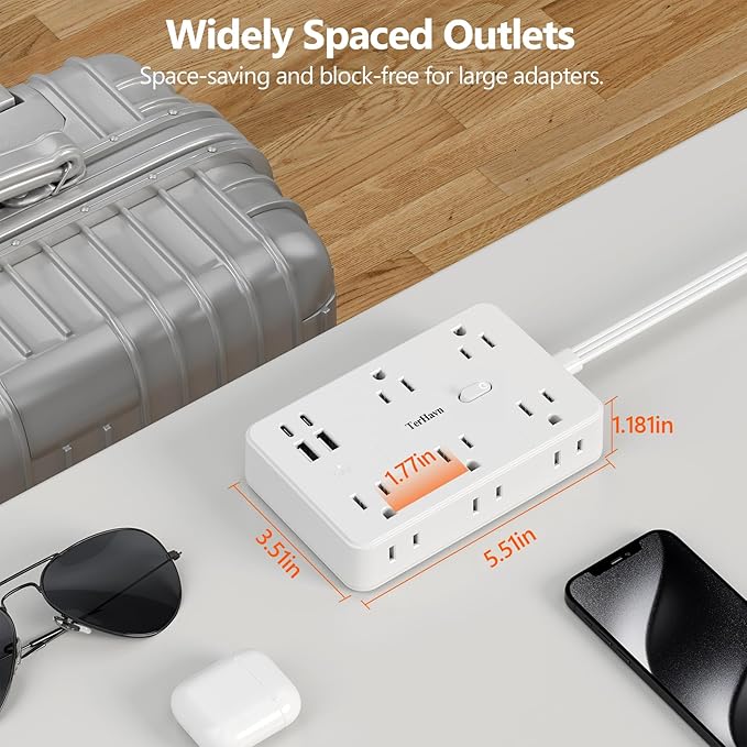 Surge Protector Power Strip-TerHavn 15 FT Flat Extension Cord ，10 AC Outlets & - Image 3