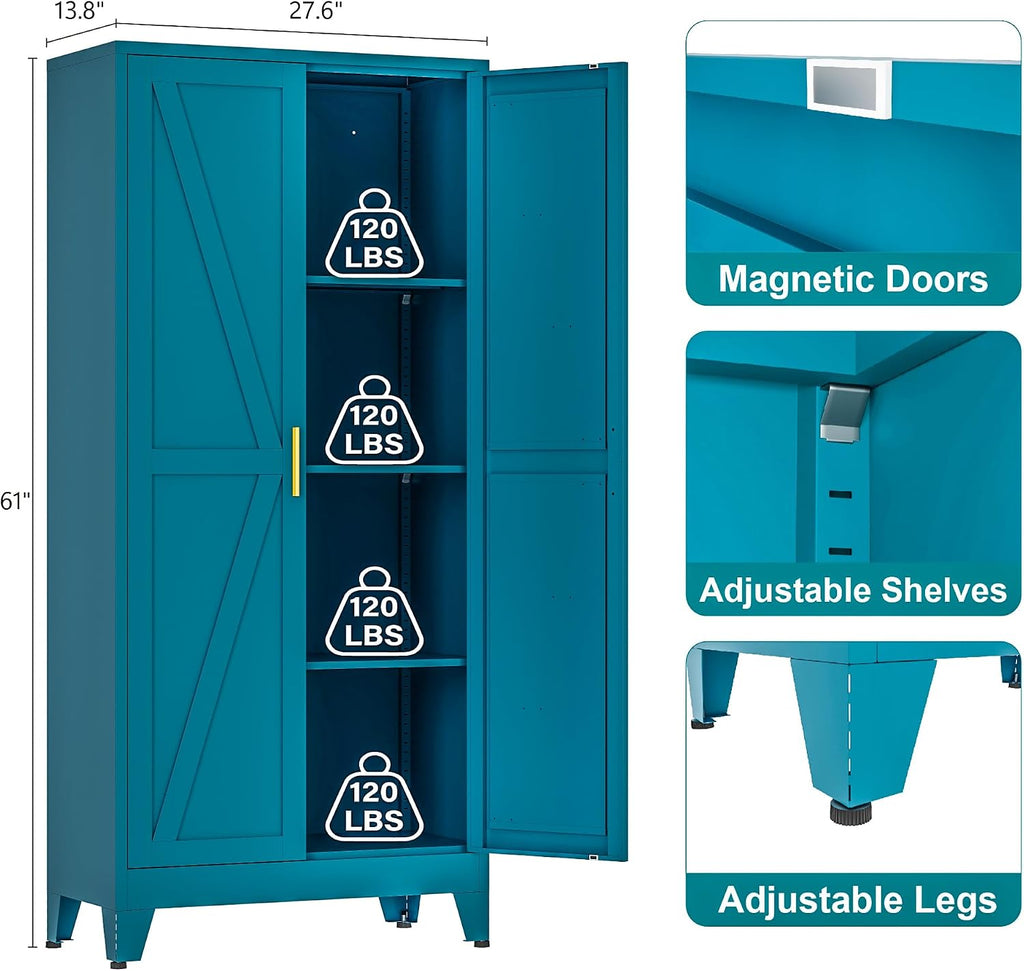 Washsemba 61" Tall Farmhouse Metal Pantry Cabinet, Kitchen Pantry Storage Cabinets with 2 Barn Door and Adjustable Shelves,for Kitchen,Laundry Room,Home Office,Kids Room （Peacock Blue