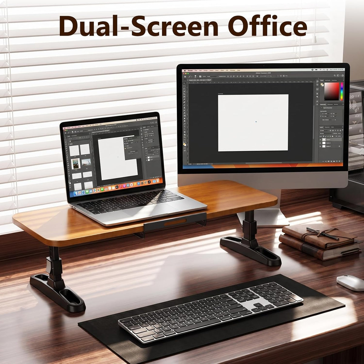 Ergonomic Wooden Monitor Stand Riser with Height Adjustable Button