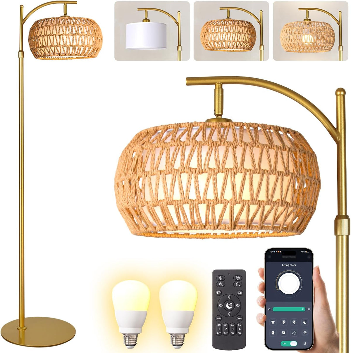 Gold Boho Rattan Floor Lamp w/Remote, Dimmable (2700K - 6000K), 2 - in - 1 Wi...