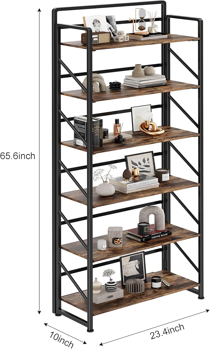 JSB No Assembly Folding Bookshelf, 6 Tier Industrial Metal Book Shelf - Image 3