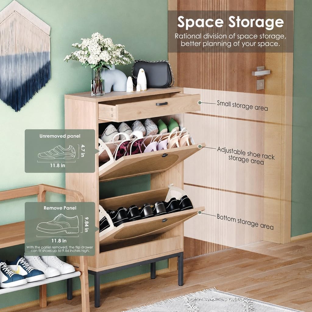Yechen Shoe Rack Storage Organizer with 2 Natural Semi-Circular Rattan Doors,...