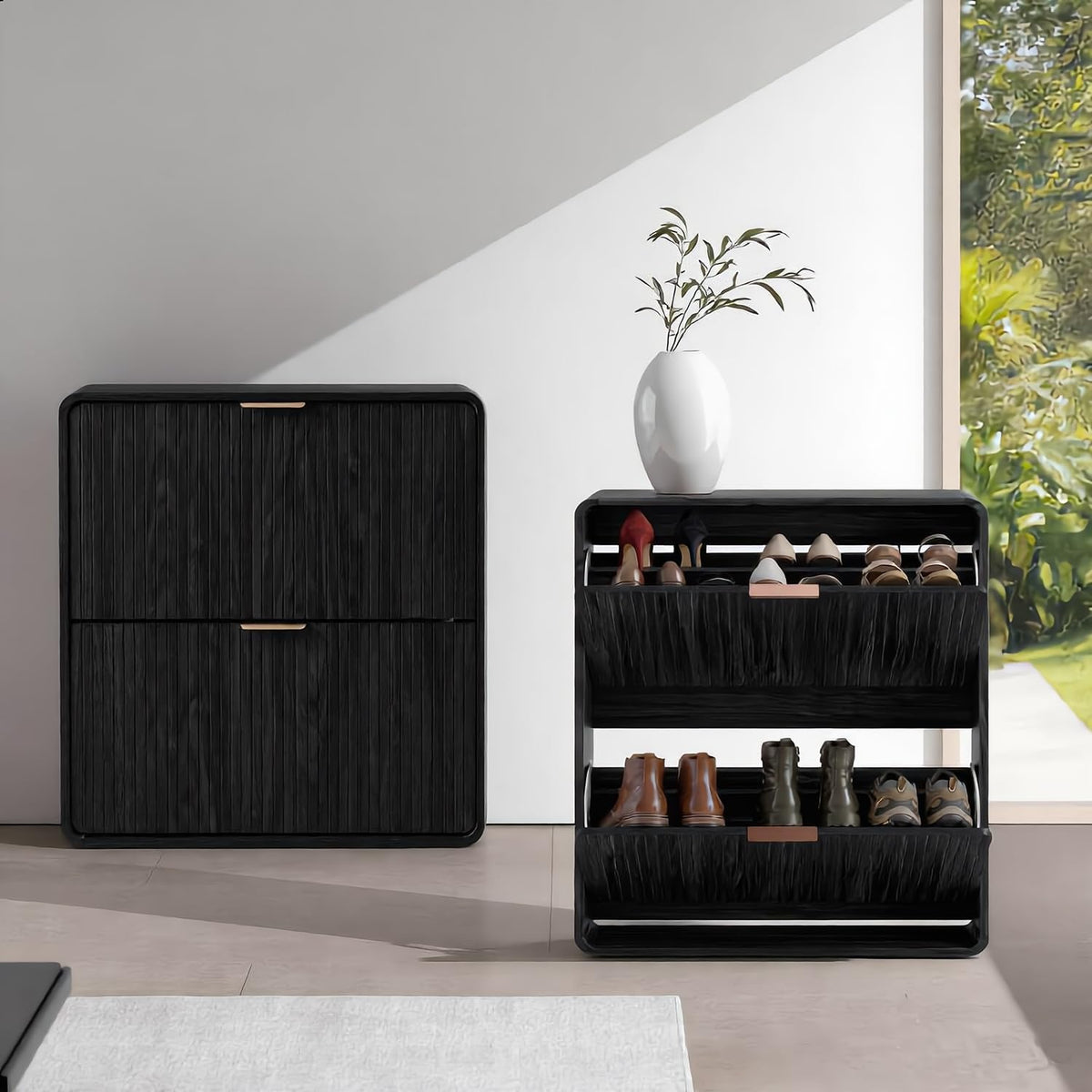 Modern Shoe Cabinet with 2 Flip Drawers, Fluted Panel Freestanding Wood Organ...