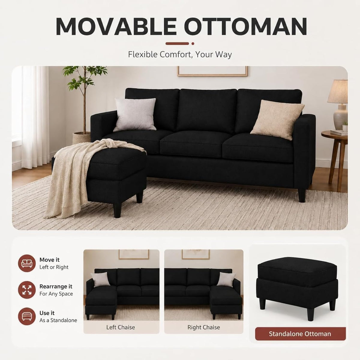Nuturelly 73.6" L-Shaped Small Sectional Couch with Ottoman, Black