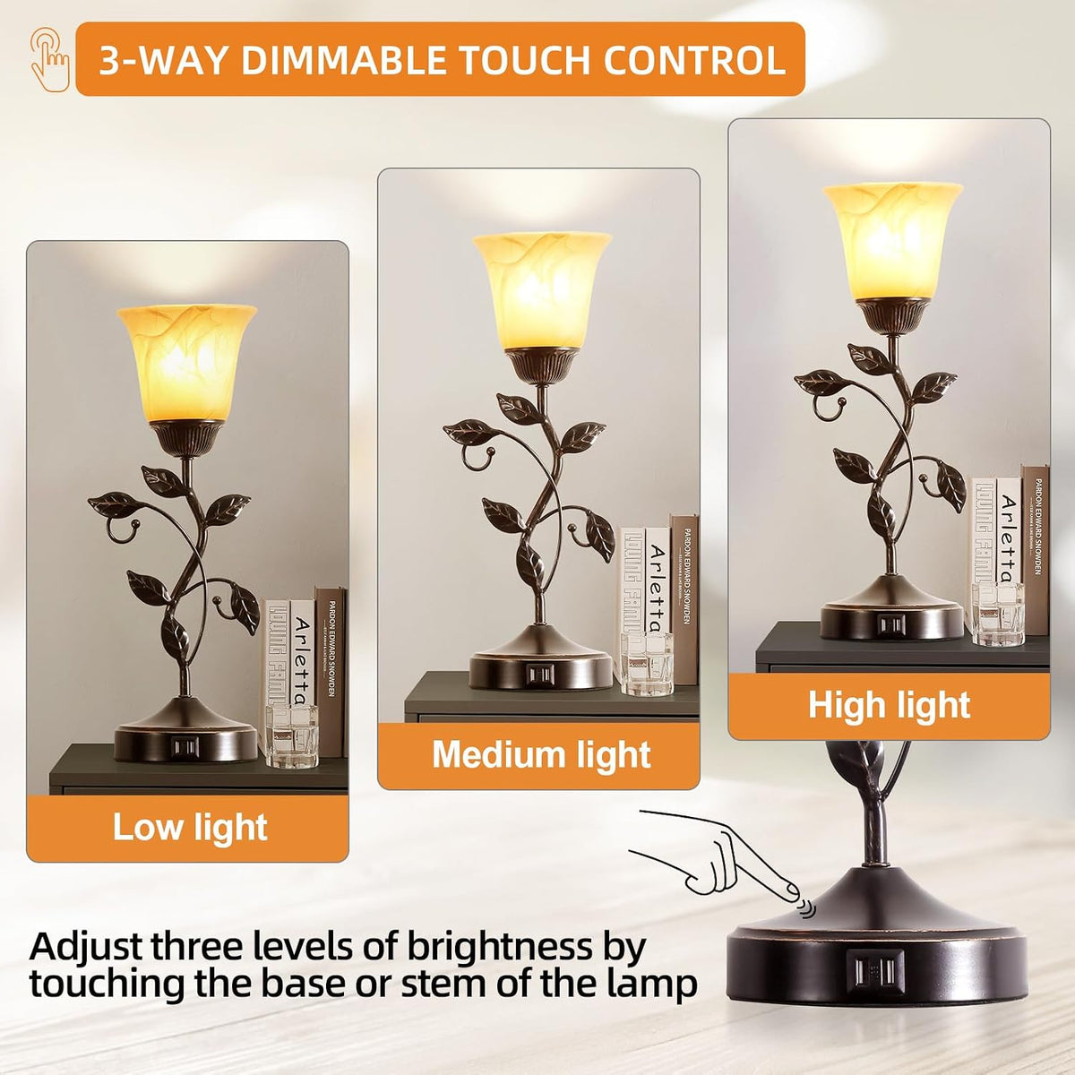 touch control leaf vintage table lamp with 3-way, side view