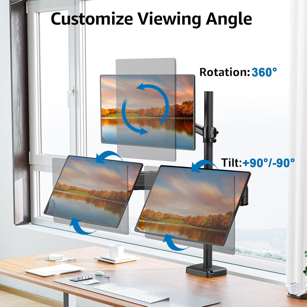 triple monitor mount fits max 32" computer screen, close-up detail