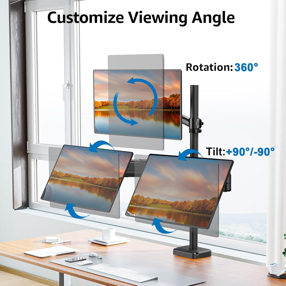 triple monitor mount fits max 32" computer screen, close-up detail
