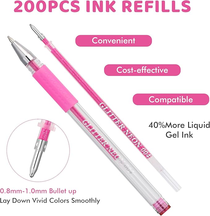 200 Colors Gel Pen Refills, Glitter Neon Gel Ink Pens Refills, Replace - Image 3