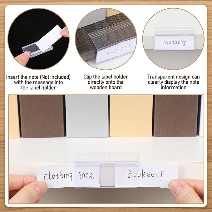 Weysat 250 Pcs Wood Shelf Label Holders Clear Plastic Price Tag 2.4 in L x 1 in - Image 3