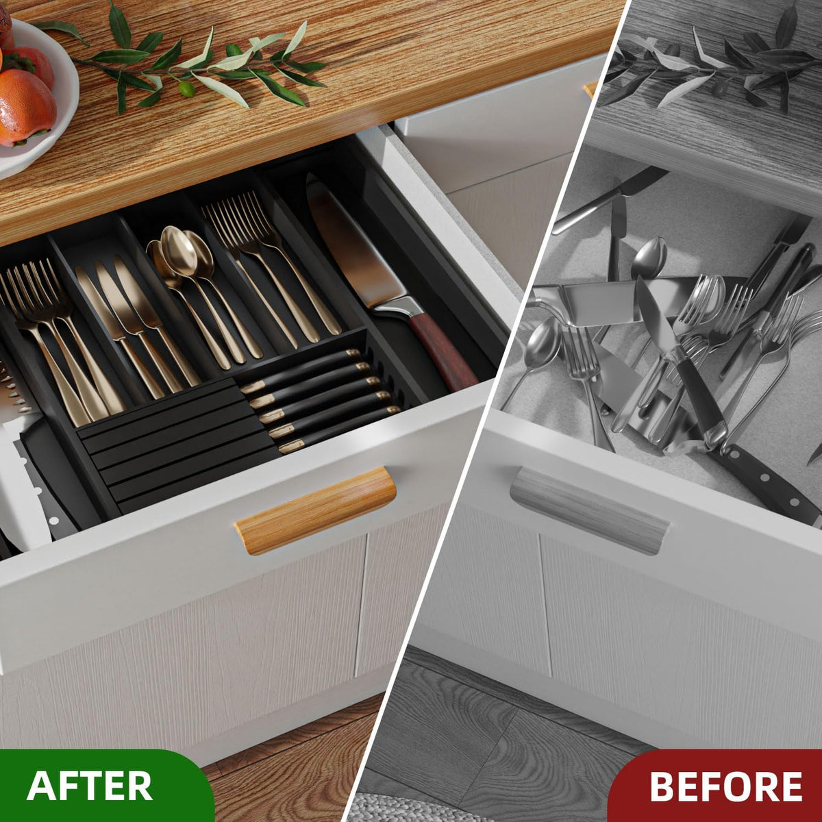 Utensil Organizer Silverware Tray for Drawer - Bamboo Knife Drawer Organizer ...