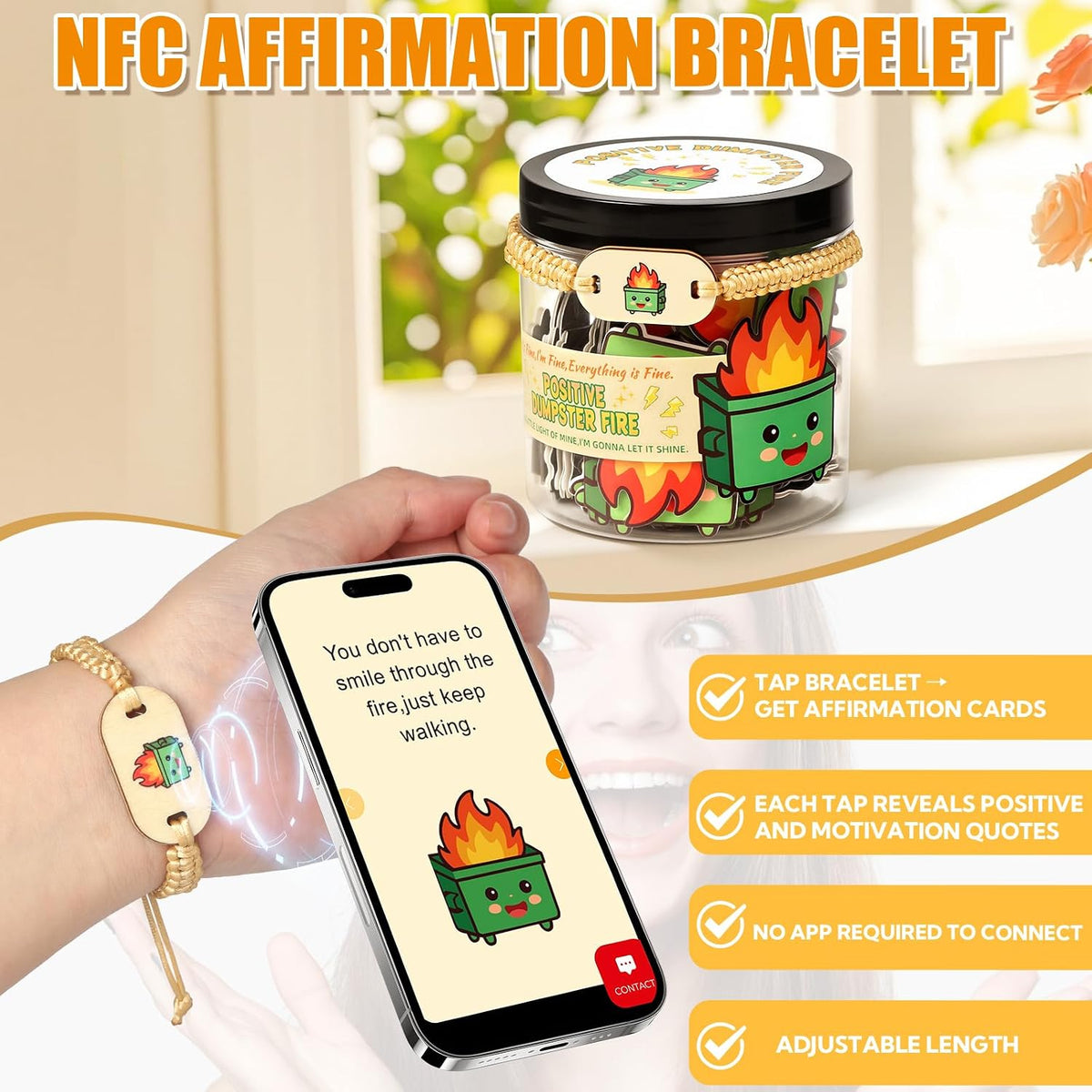 12 Pack Dumpster Fire Cards Jar with NFC Bracelet - 60 Positive Affirmation C...