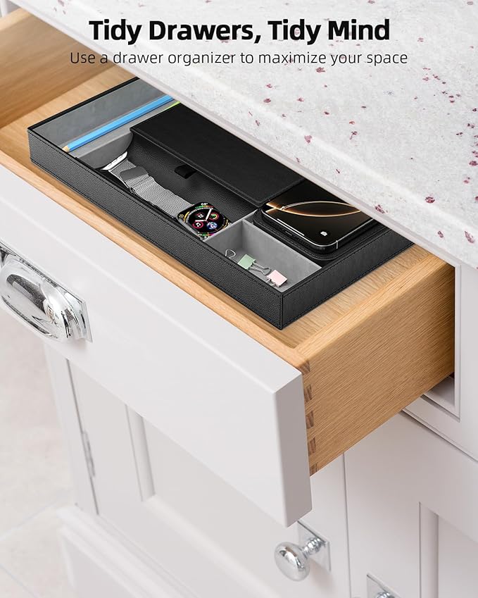 Valet Tray with Wireless Charger, Nightstand Organizer, Leather Desk Drawer - Image 4
