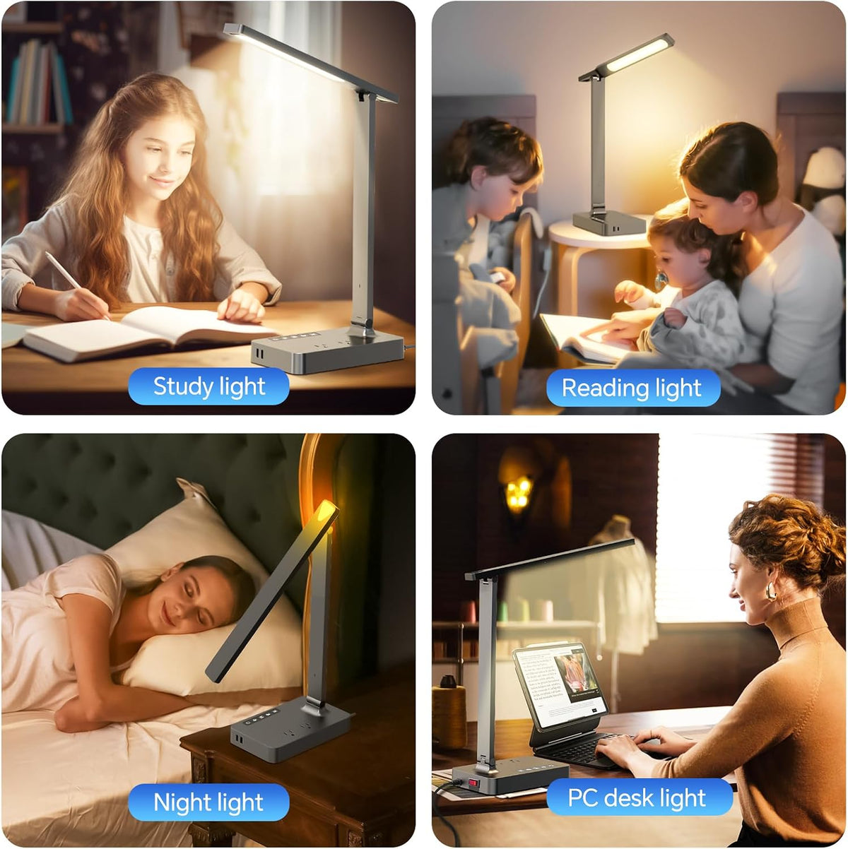 Desk Lamp with USB Charging Port: Table Lamp with Charging Station - 2 Outlet...