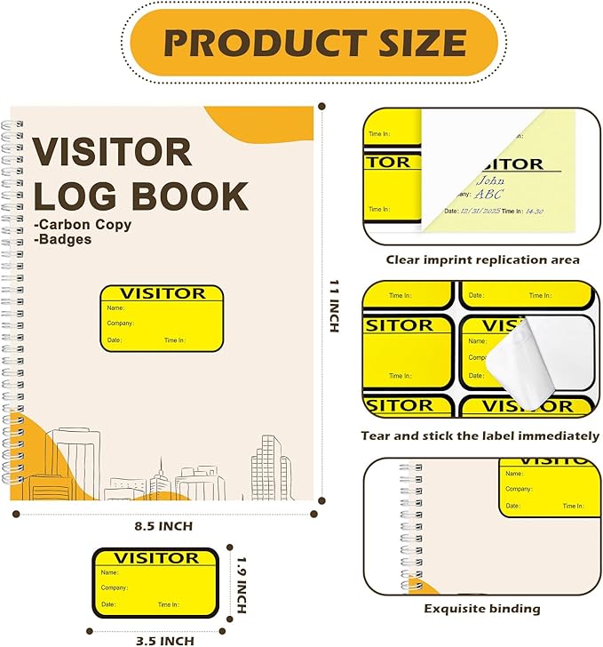 3 Pack Visitor Badges with Carbon Copy Visitor Stickers Letter Size Visitor Log - Image 2