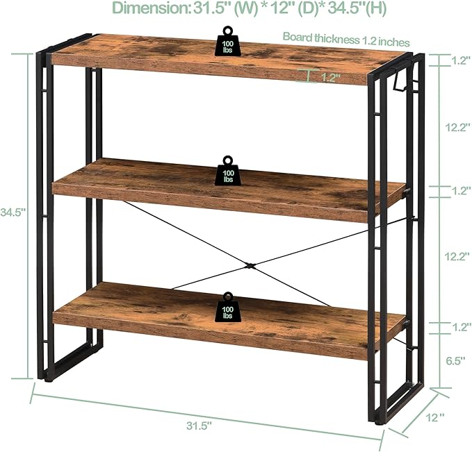 HCHQHS Bookshelf, 3-Tier Industrial Bookcase, Rustic Open Book Shelf, - Image 3