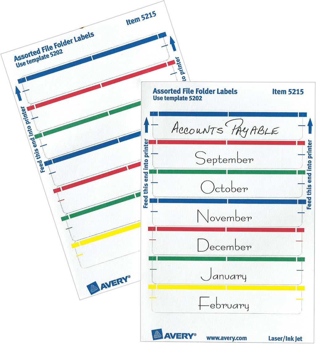 Avery® File Folder Labels on 4" x 6" Sheets, Easy Peel®, Assorted, Print & Handwrite, 2/3" x 3-7/16", 252 Labels (5215)