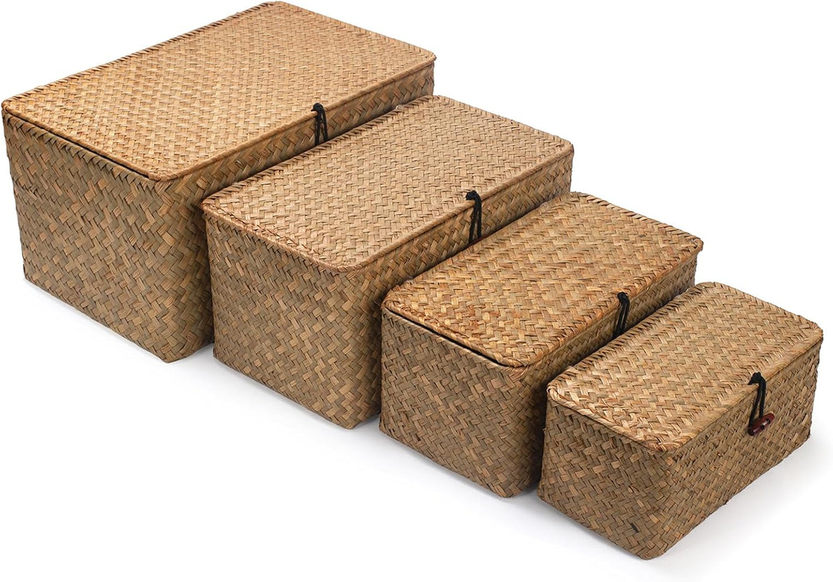 Wicker Basket with Lid, Seagrass Storage Basket, Woven Baskets for Storage, D...