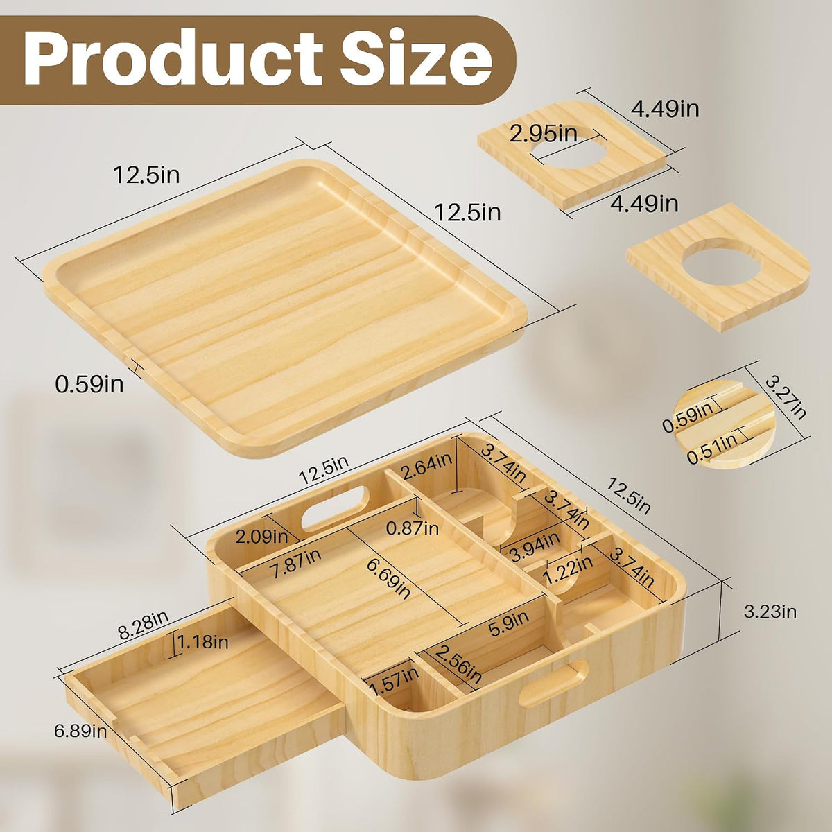 Couch Cup Holder 2-Tier Solid Pine Wooden Trays with Drawer 12.5 * 12.5 in