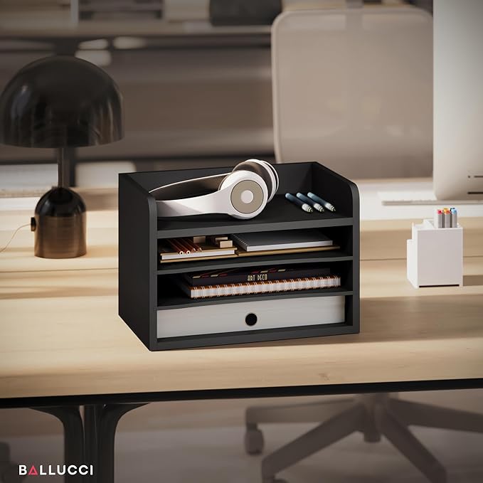 Ballucci File Organizer, 4-Tier Office Desk Organizer, Open Top Wood Paper - Image 3
