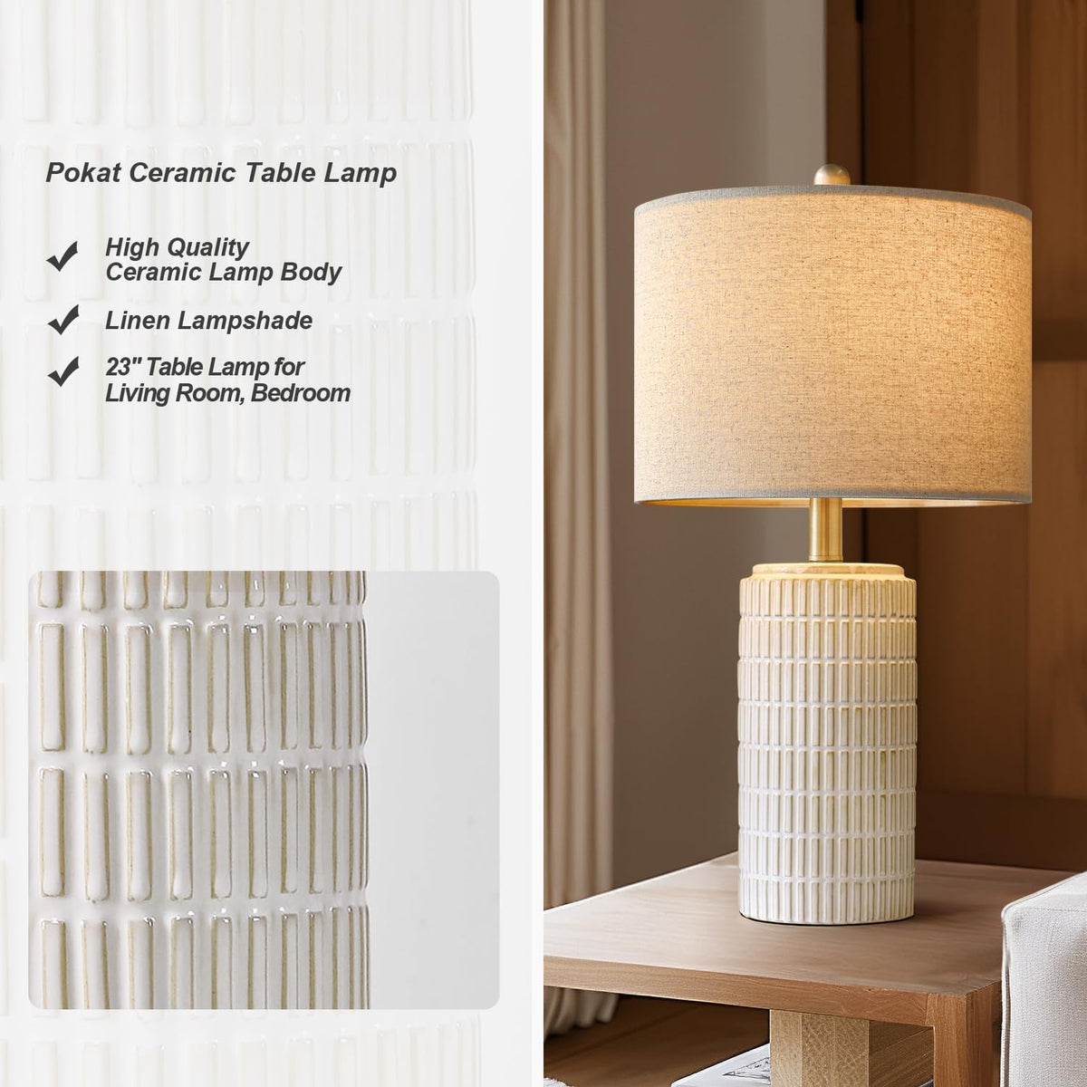 pokat 23'' bedside table lamp for bedroom nightstands, close-up detail