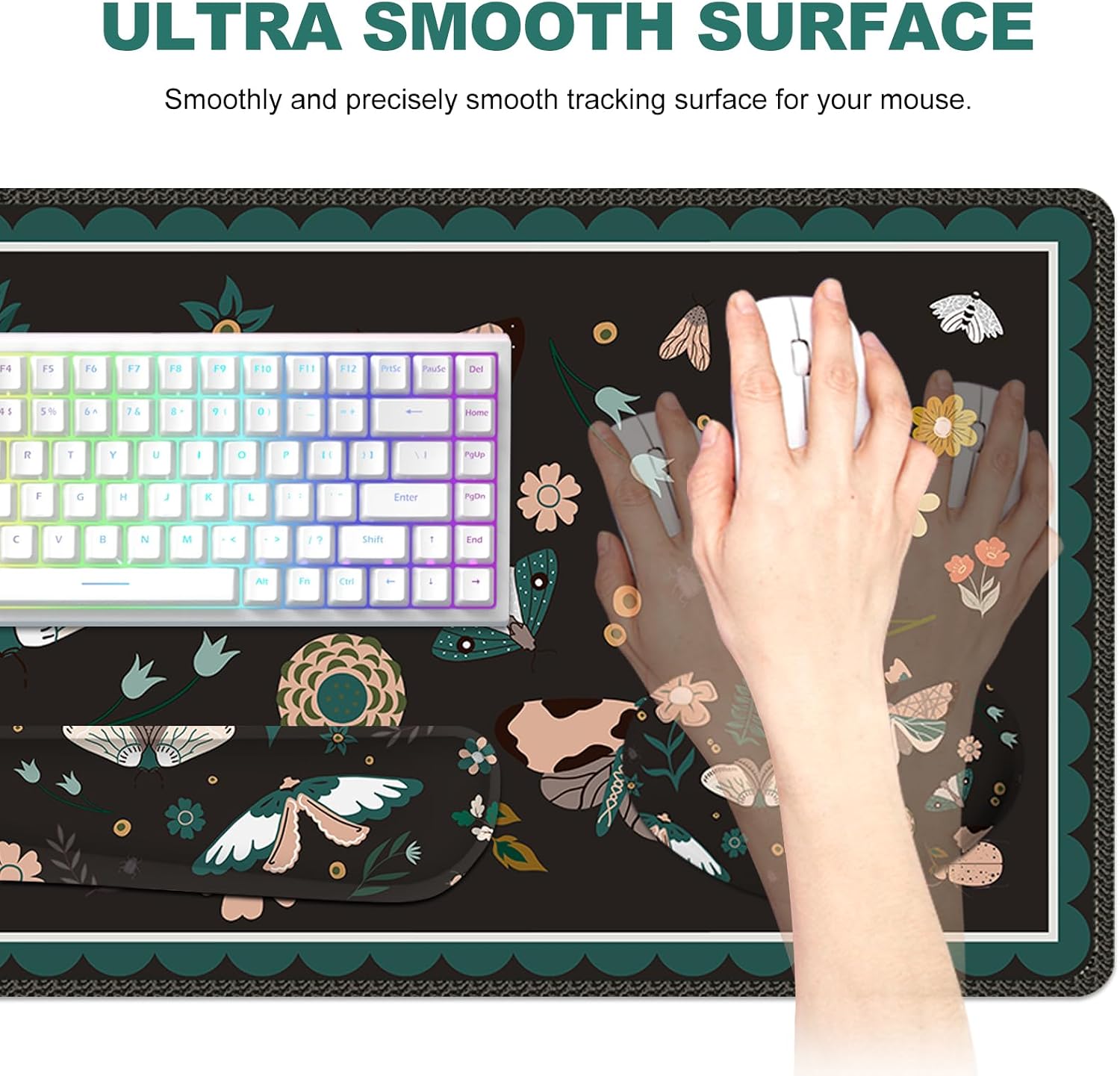 Large Mouse Pad and Keyboard Wrist Rest, Desk Pad for Keyboard and Mouse, Gaming Mousepad with Wrist Support, Non-Slip Desk Mat for Home Office, Black Butterfly Flower