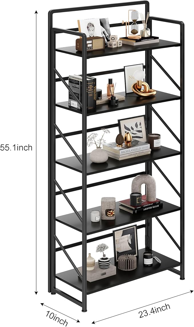 JSB No Assembly Folding Bookshelf, 5 Tier Industrial Metal Book Shelf - Image 3