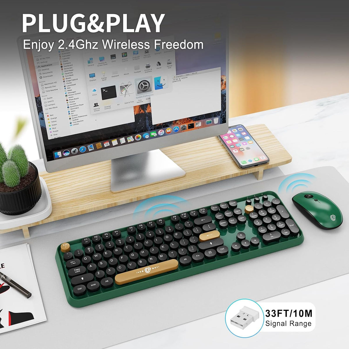 Green Wireless Keyboard and Mouse Combo,Full Size Colorful Retro Round Keys