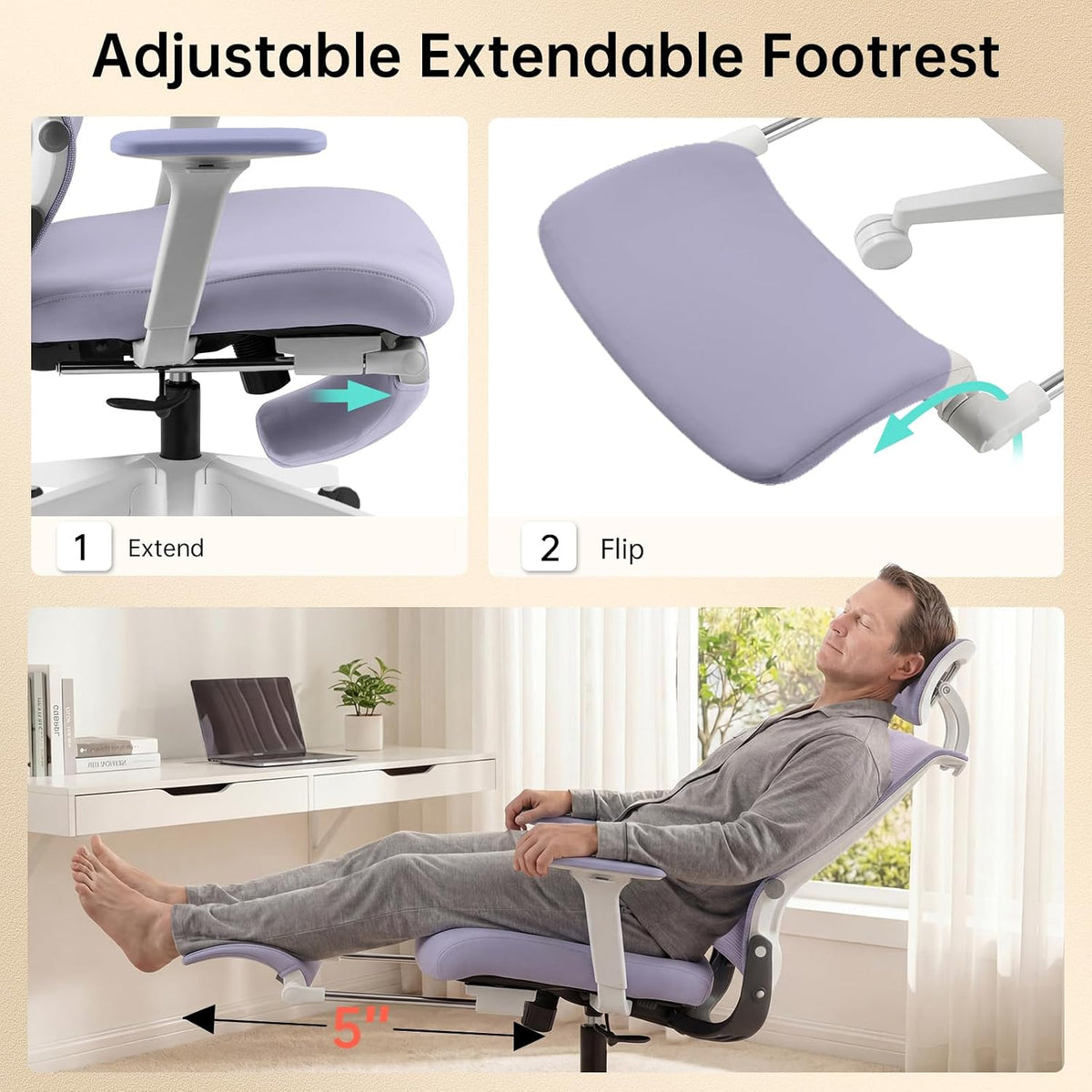 Ergonomic Foldable Office Chair with Footrest and Lumbar Support, Purple