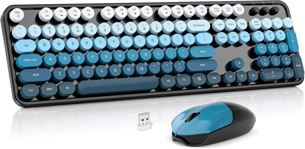 MOWUX Wireless Keyboard and Mouse Combo, Full Size Typewriter Retro Round Com...