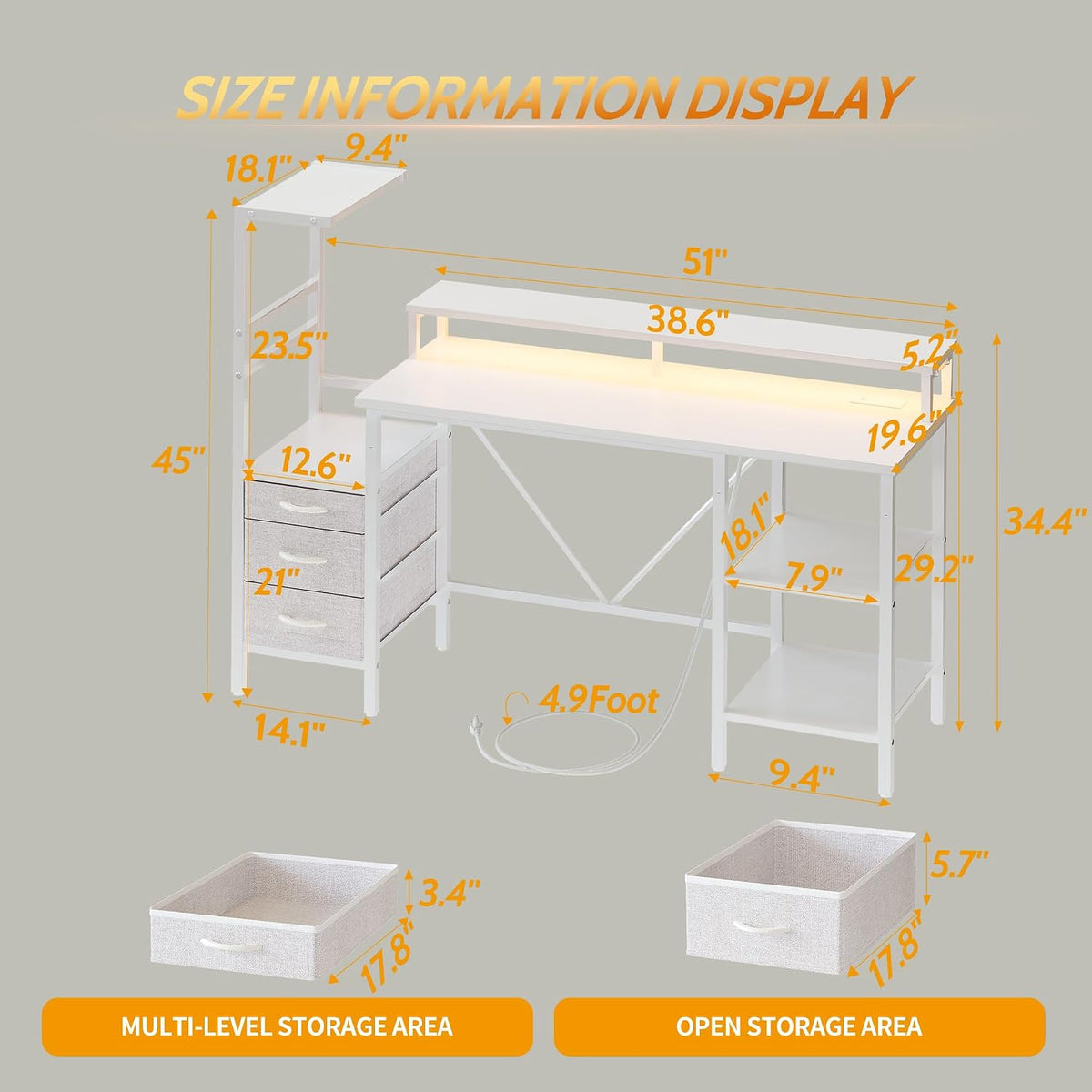 52" Reversible Gaming Desk with Drawers & Shelves, Computer Desk, White