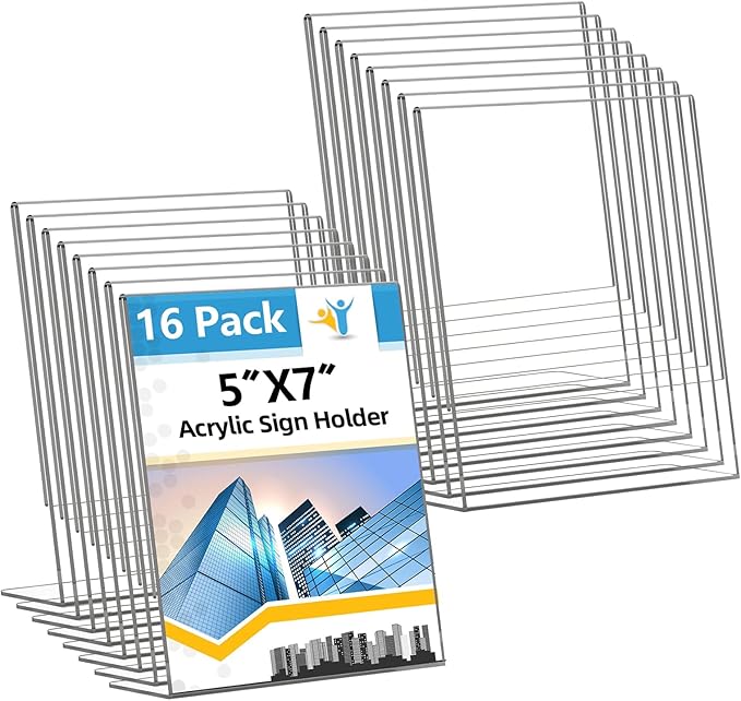 Acrylic Sign Holder 5x7 Inches, 16 Pack Clear Plastic Table Paper Display Stand by Unknown
