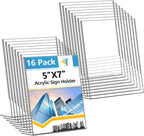 Acrylic Sign Holder 5x7 Inches, 16 Pack Clear Plastic Table Paper Display Stand by Unknown