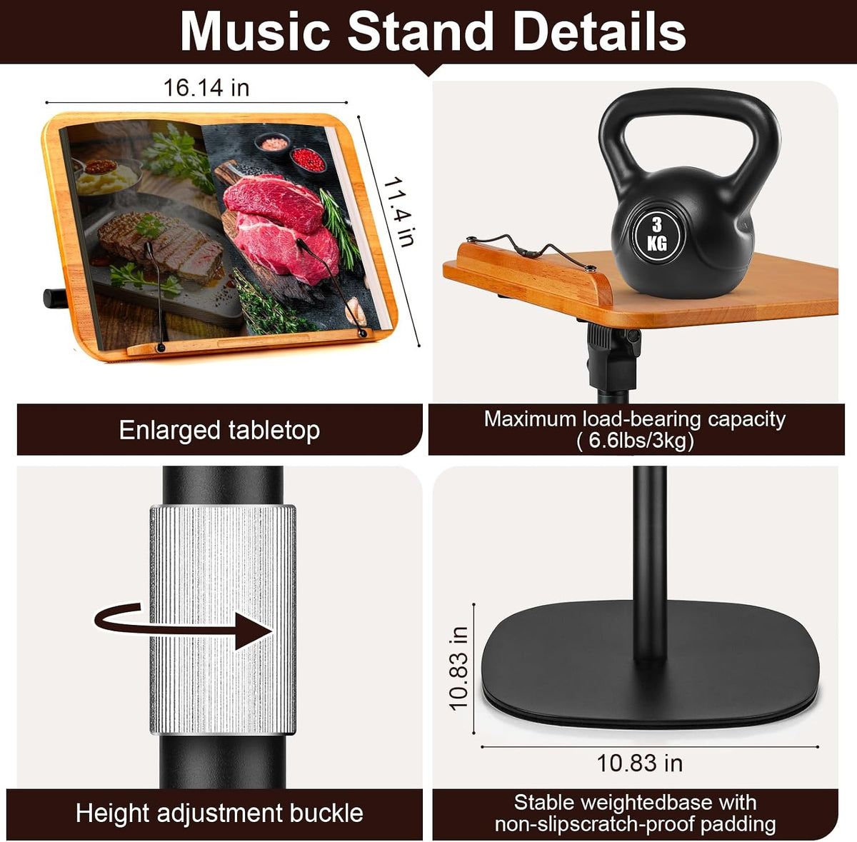 2-in-1 Dual-use Floor & Desktop Music Stand, Adjustable 16.5"-51&quo...