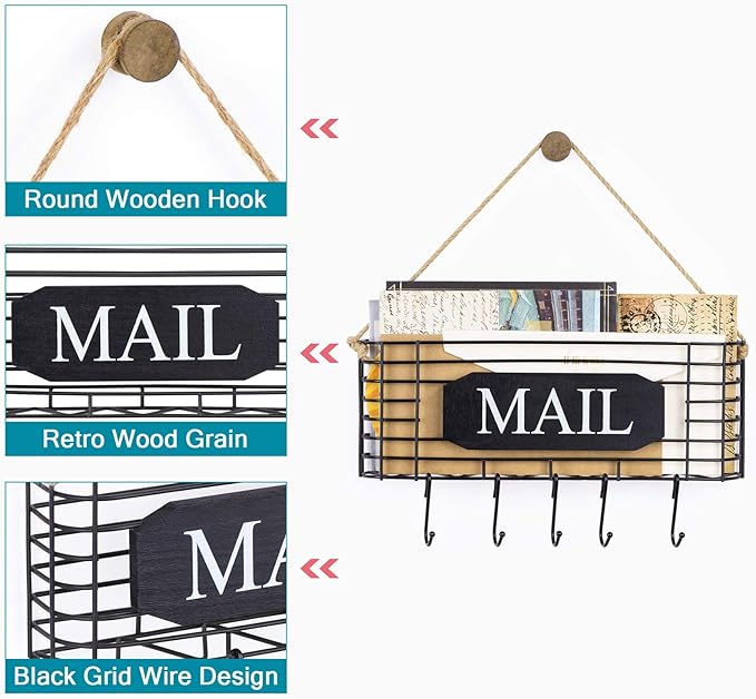 SRIWATANA Rustic Mail Key Holder, Mail Organizer Wall Mount - Image 4