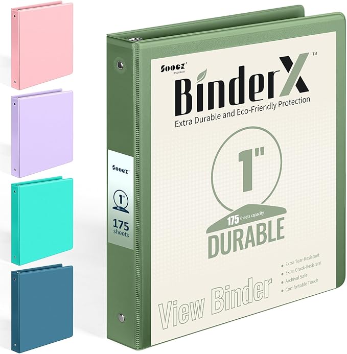 BinderX Extra Durable 3 Ring Binder, Round Rings 1 Inch Binder, Fits 175 Sheets by Sooez