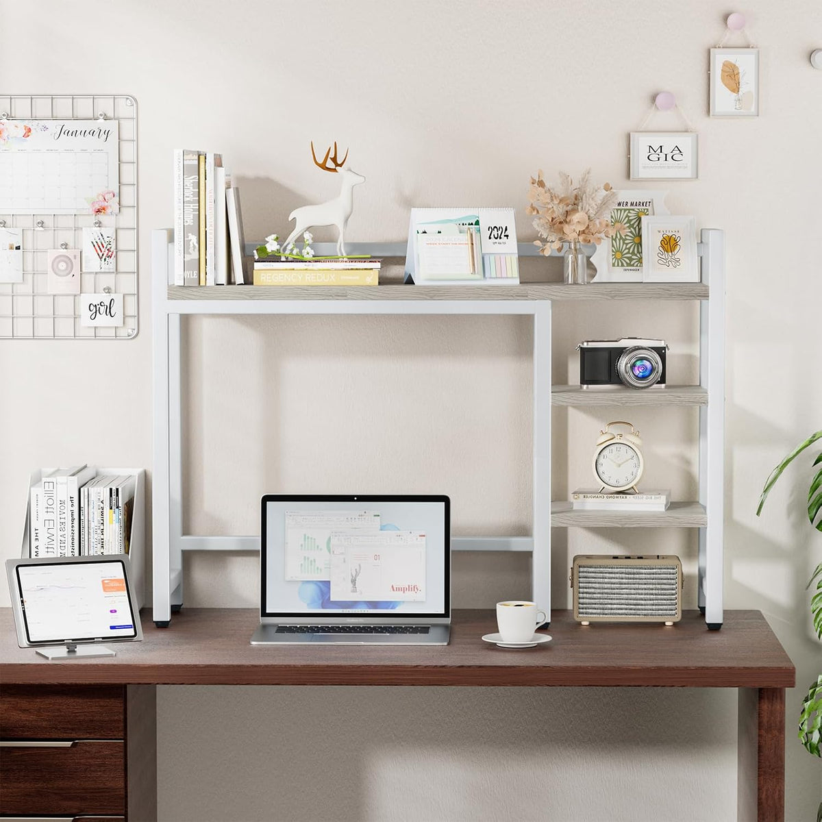 Desk Hutch with Colorful RGB Lights, 4 Tier Desktop Shelf for Max 28" Co...