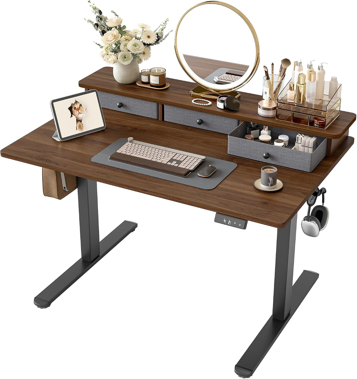 TIQLAB Small Standing Desk with 3 Drawers, 40" Computer Desk Vanity, Walnut