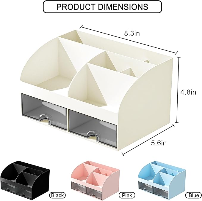 Desk Organizer with 6 Compartments and 2 Drawers, Plastic Makeup Organizer - Image 3