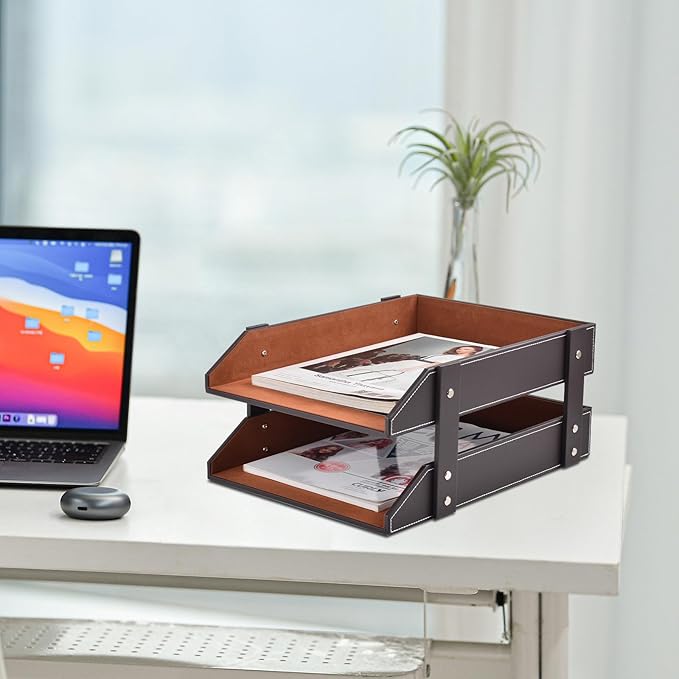 XNONE Leather Desk Organizer, 2-Tier Stackable Letter Tray Holder, Office - Image 9