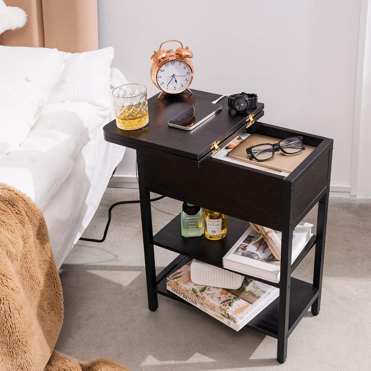 Yoobure End Table with Charging Station, Flip Top Side Table with USB Ports a...